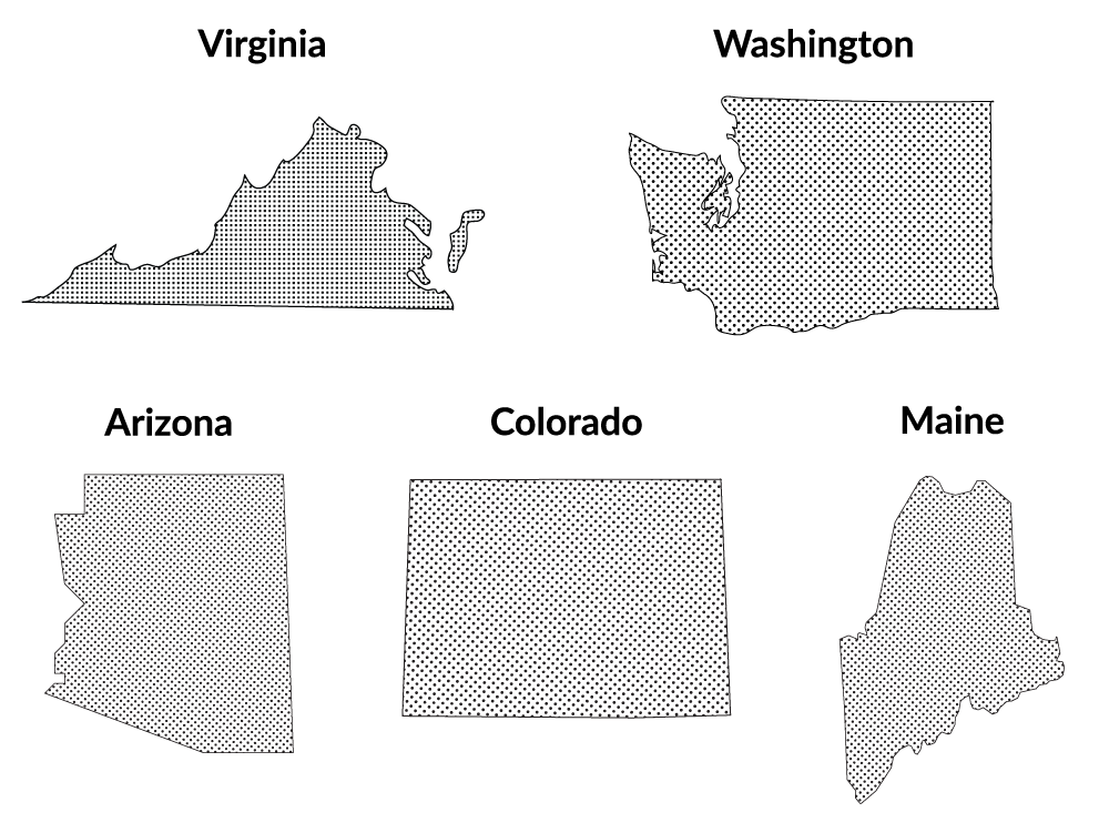 Images of the states Sister District has flipped since 2016: Virginia, Washington, Arizona, Colorado, and Maine