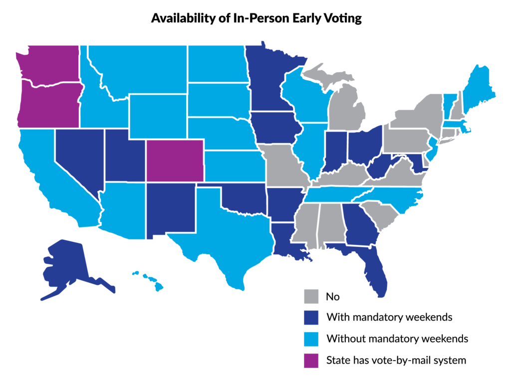 Map of America with 39 states shaded to indicate an early voting system and remaining states without early voting shaded grey