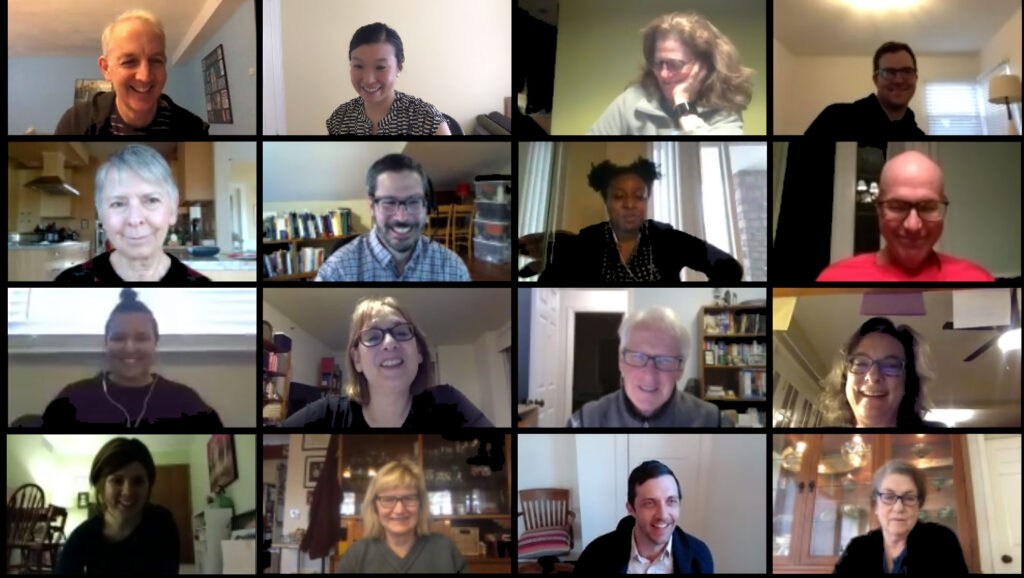 Screenshot of Zoom call with gallery view of 16 volunteer leaders