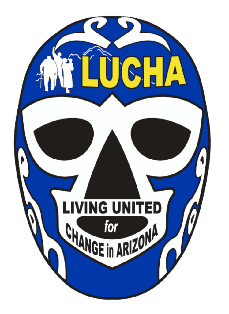 LUCHA logo of a Luchador's or Mexican wrestler's mask in blue and while