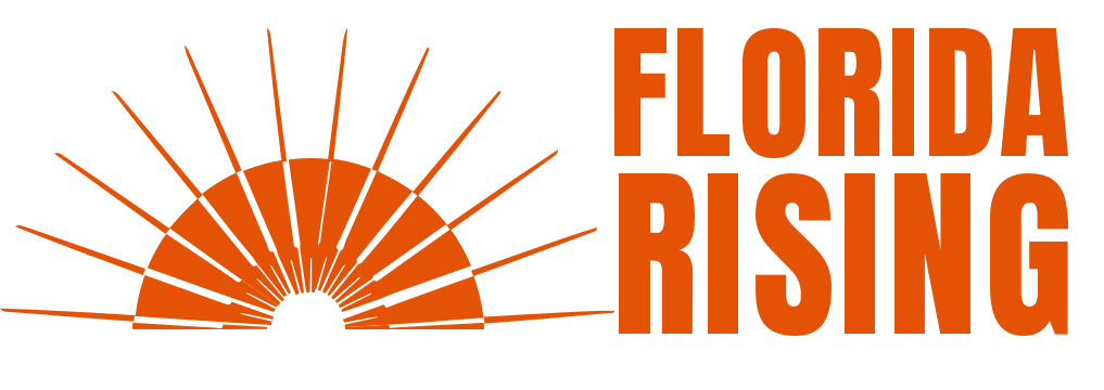 Florida Rising logo in orange with an orange sunrise with bright beams