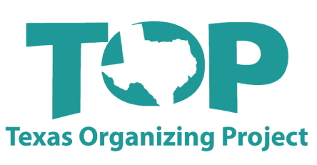 Texas organizing Project logo with "TOP" in teal in color with the Texas state outline in the O