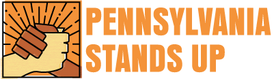 Pennsylvania Stands Up logo in orange with two hands of different shades shaking hands